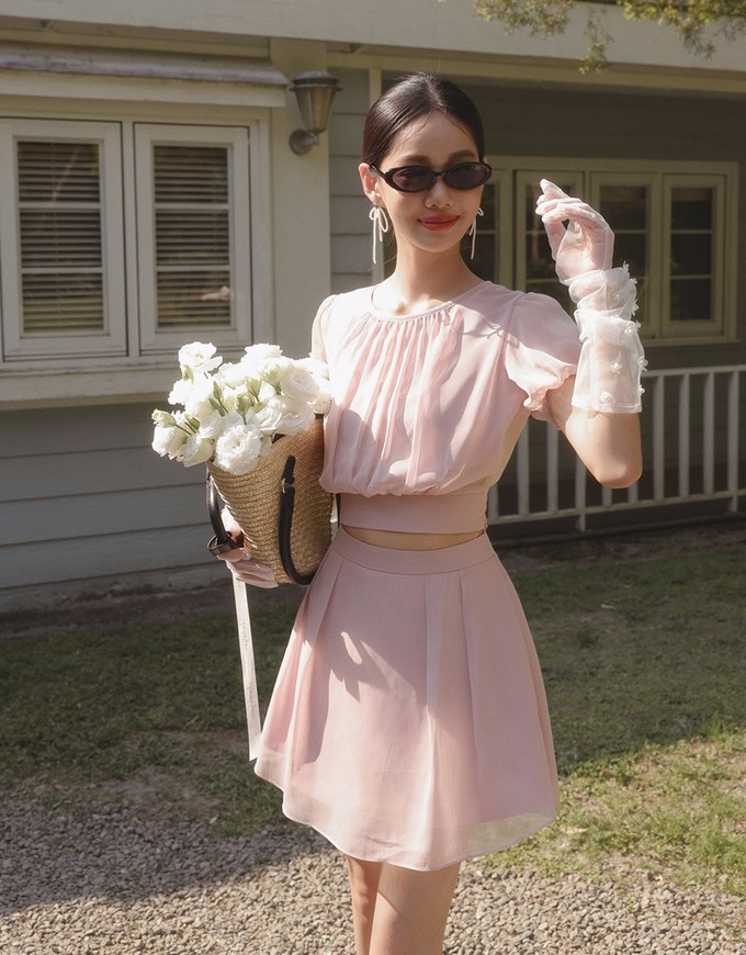 Sheer Puff Sleeve Chiffon Top with High Waist Pleated Mini Skirt Set Wear