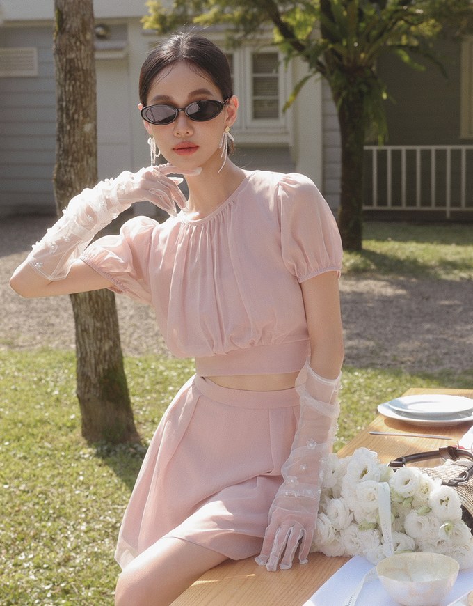 Sheer Puff Sleeve Chiffon Top with High Waist Pleated Mini Skirt Set Wear