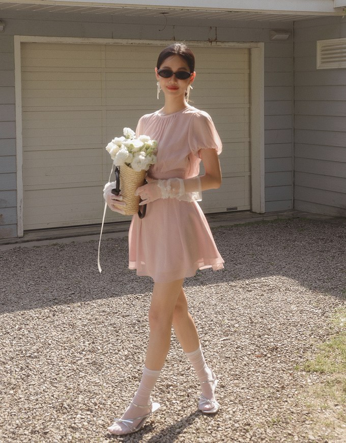 Sheer Puff Sleeve Chiffon Top with High Waist Pleated Mini Skirt Set Wear