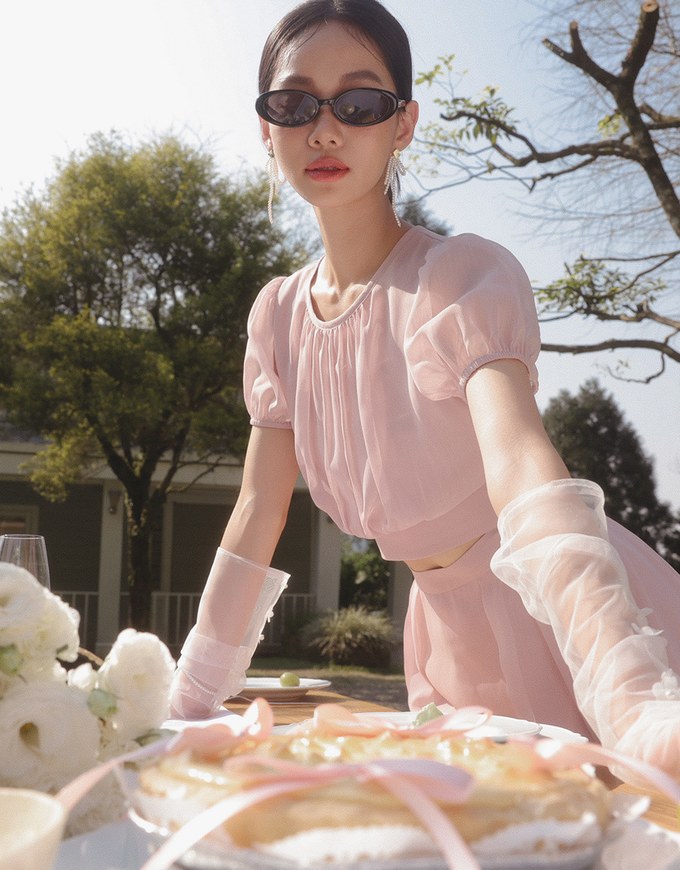 Sheer Puff Sleeve Chiffon Top with High Waist Pleated Mini Skirt Set Wear