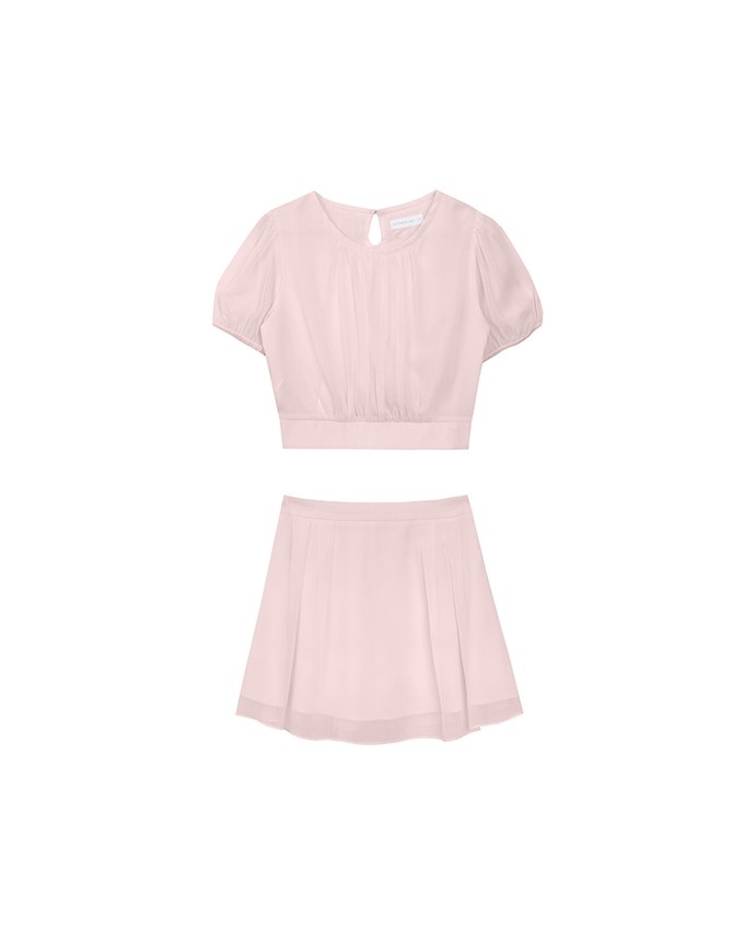 Sheer Puff Sleeve Chiffon Top with High Waist Pleated Mini Skirt Set Wear