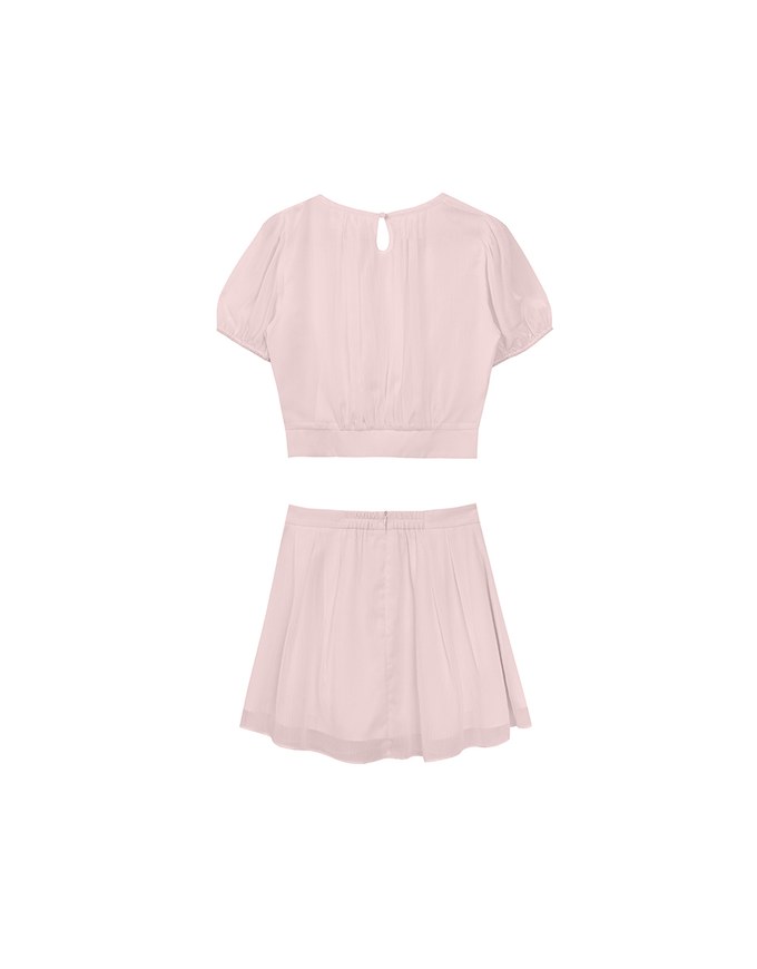 Sheer Puff Sleeve Chiffon Top with High Waist Pleated Mini Skirt Set Wear