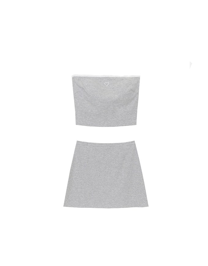 Heart Embroidery Ribbed Padded Tube Top and Basic A Line Mini Skirt Set Wear
