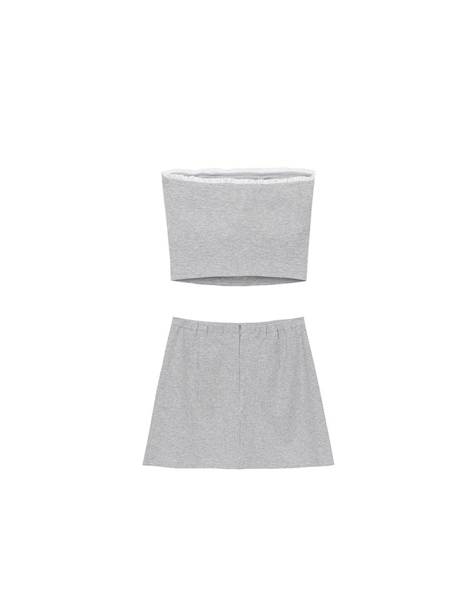 Heart Embroidery Ribbed Padded Tube Top and Basic A Line Mini Skirt Set Wear