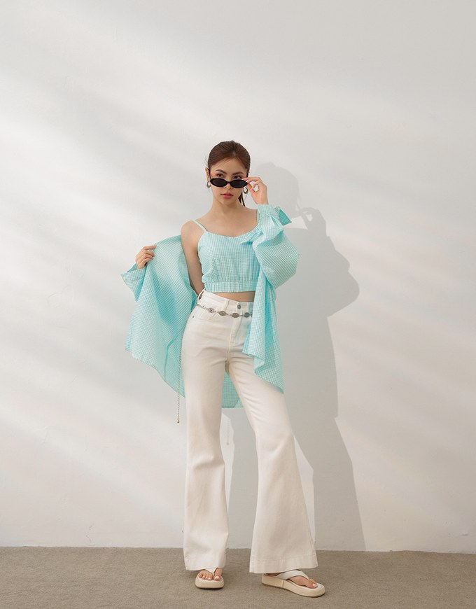 Gingham Outerwear Shirt and Elastic Hem Crop Top Set Wear
