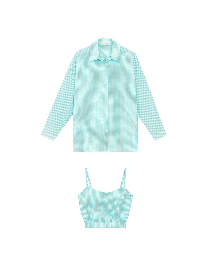 Gingham Outerwear Shirt and Elastic Hem Crop Top Set Wear