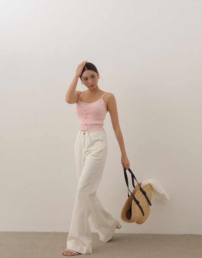 Heart Shaped Button Stretch Ribbed Knit Cami Crop Top
