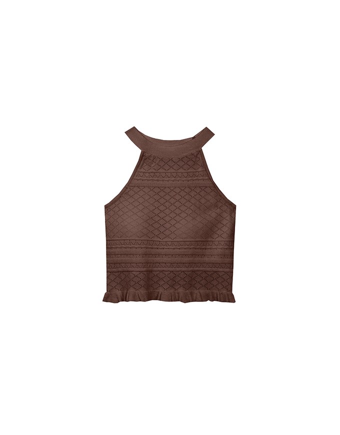 Argyle Textured Knit Halter Neck Cropped Top with Frill Hem Detail