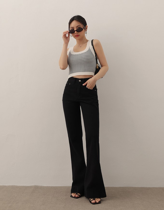 Contrast Trim Houndstooth Patterned Knit Tank Top