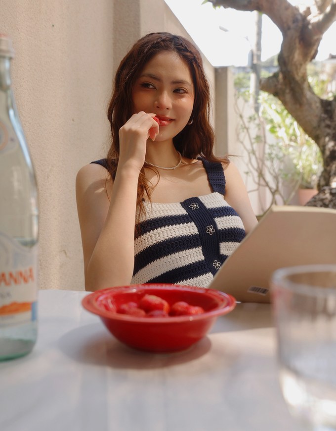 Striped Crochet Knit Tank Top with Flower Button Accents
