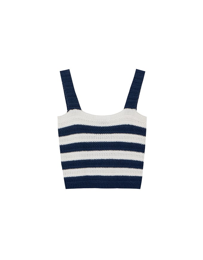 Striped Crochet Knit Tank Top with Flower Button Accents