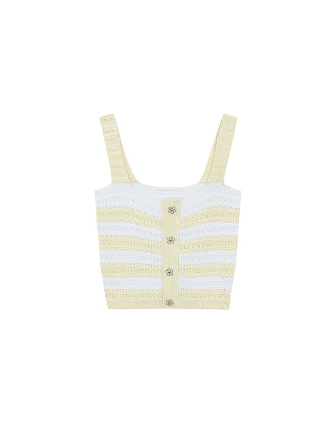 Striped Crochet Knit Tank Top with Flower Button Accents