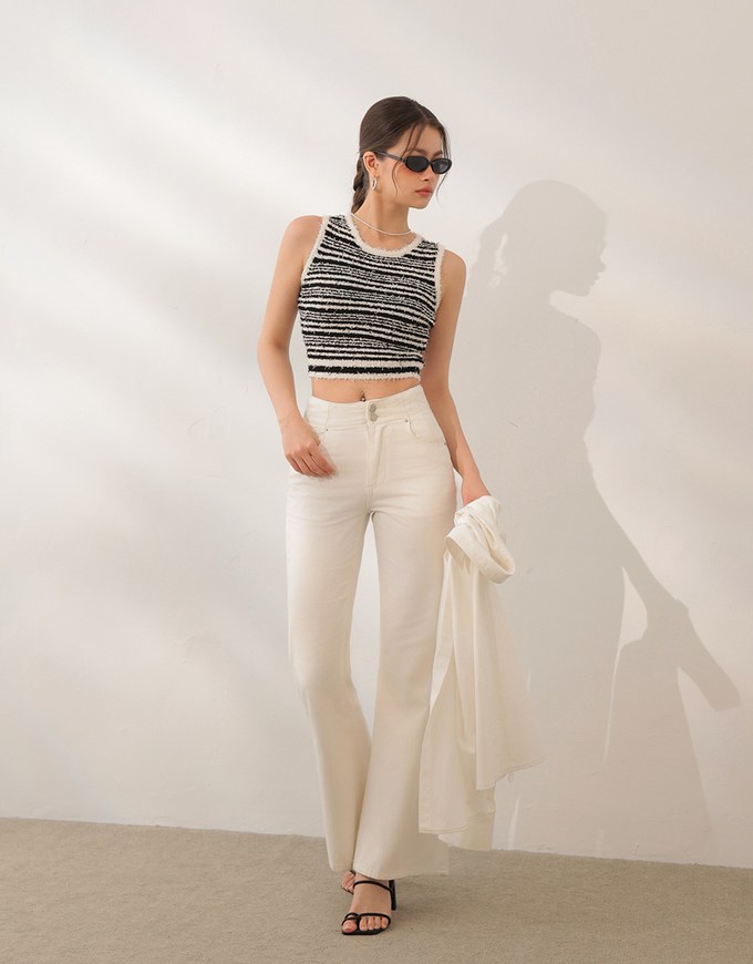 Textured Fringe Edge Striped Knit Cropped Tank Top