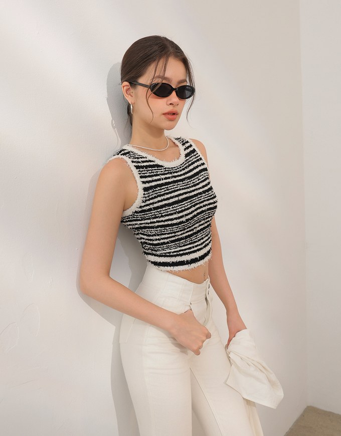 Textured Fringe Edge Striped Knit Cropped Tank Top