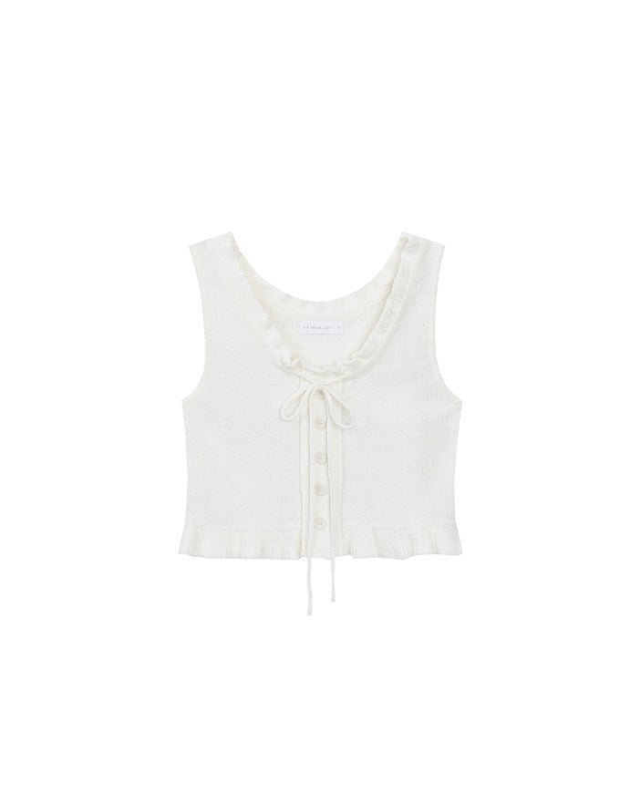 Ruffled Neckline Sleeveless Knit Vest Top with Button Trim