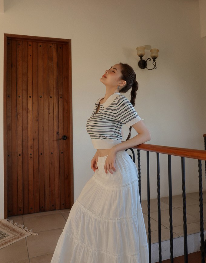 Classic Polo Inspired Stripe Knit Top with Stretch Hem