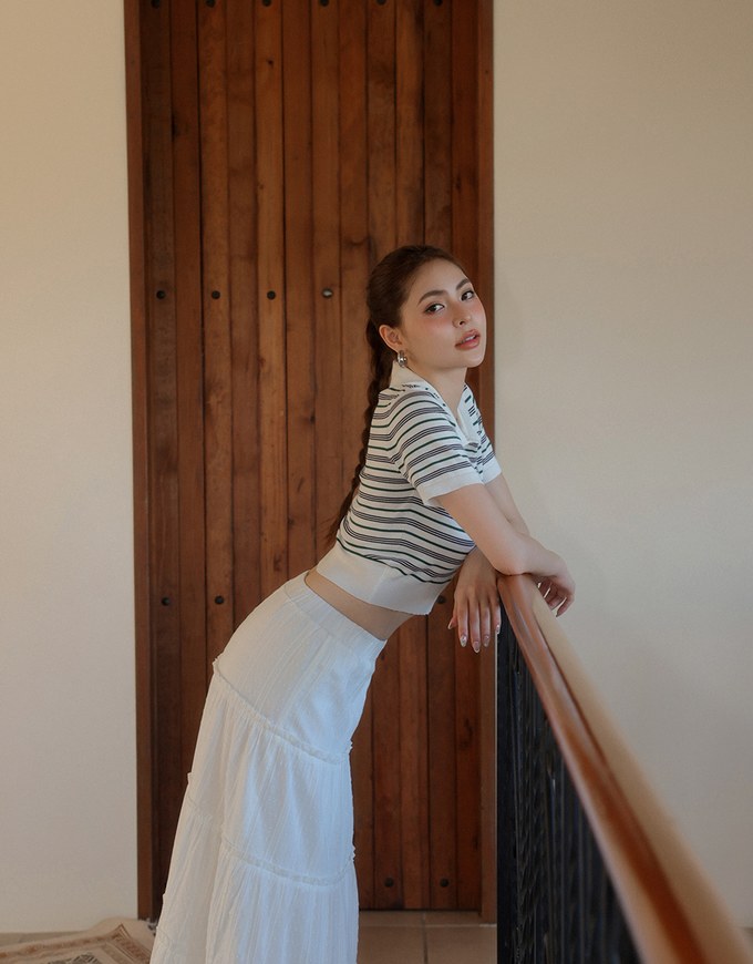 Classic Polo Inspired Stripe Knit Top with Stretch Hem