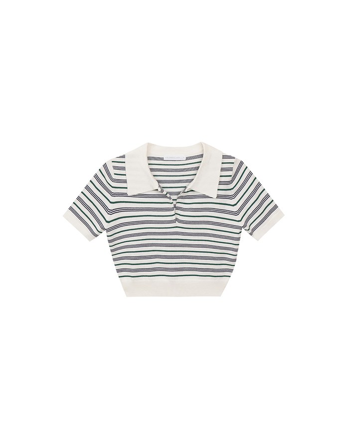Classic Polo Inspired Stripe Knit Top with Stretch Hem