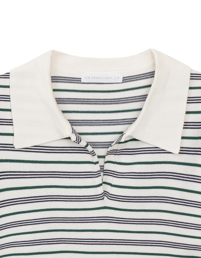 Classic Polo Inspired Stripe Knit Top with Stretch Hem