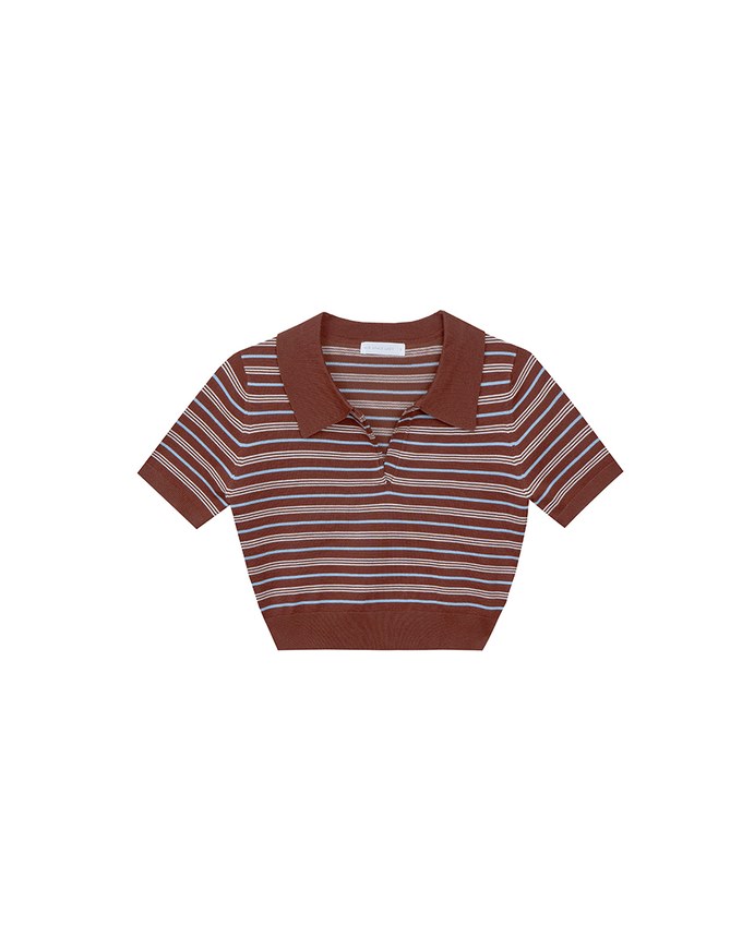 Classic Polo Inspired Stripe Knit Top with Stretch Hem