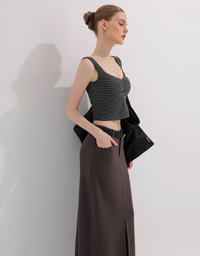 Striped Ruched V Neck Sleeveless Padded Crop Tank Top