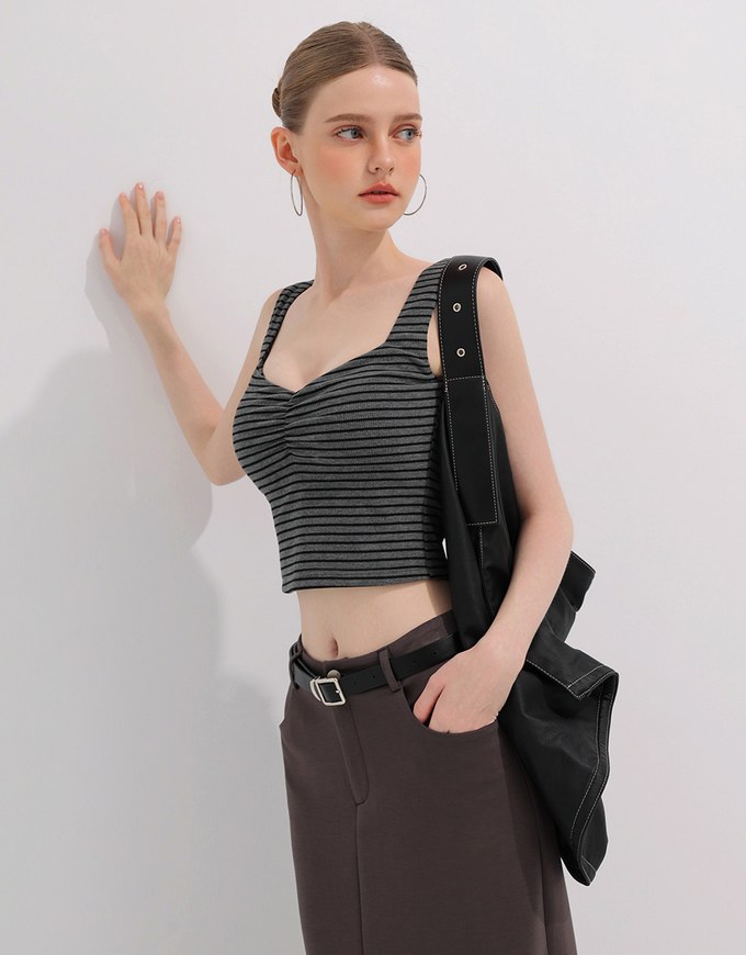 Striped Ruched V Neck Sleeveless Padded Crop Tank Top