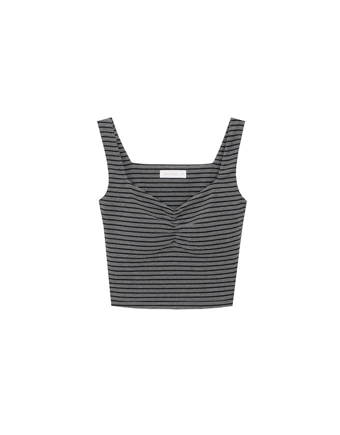 Striped Ruched V Neck Sleeveless Padded Crop Tank Top