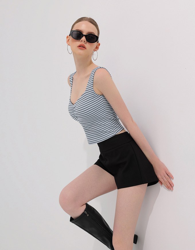 Striped Ruched V Neck Sleeveless Padded Crop Tank Top