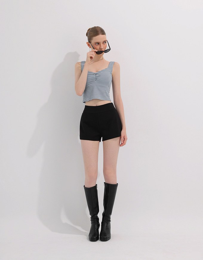 Striped Ruched V Neck Sleeveless Padded Crop Tank Top