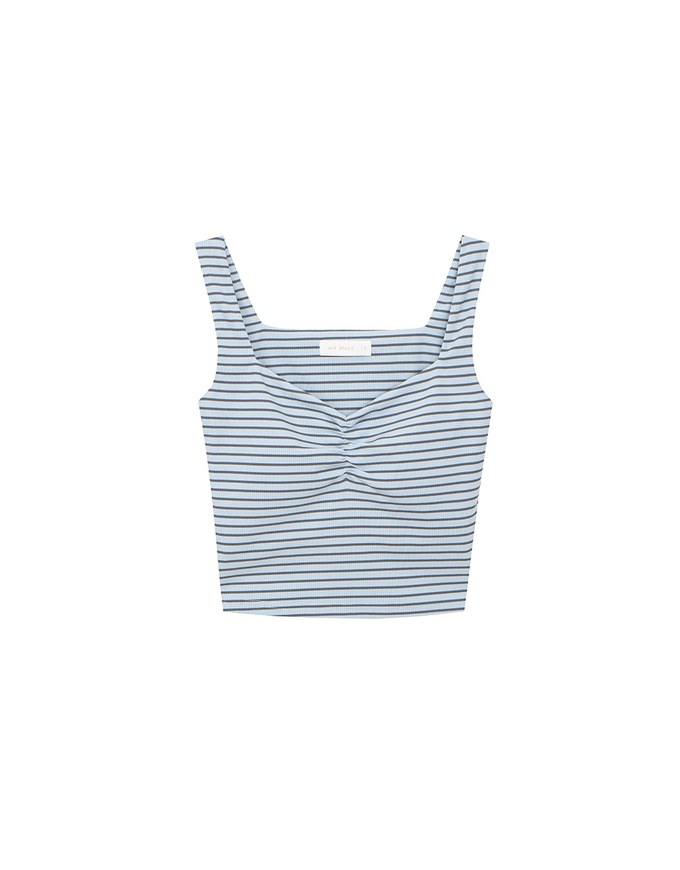 Striped Ruched V Neck Sleeveless Padded Crop Tank Top