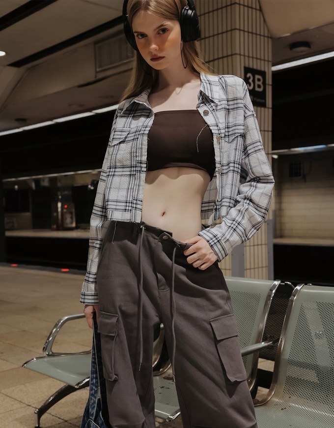 Plaid Raw Hem Long Sleeve Shirt Blouse with Metal Button