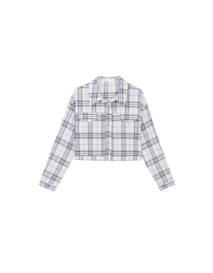 Plaid Raw Hem Long Sleeve Shirt Blouse with Metal Button