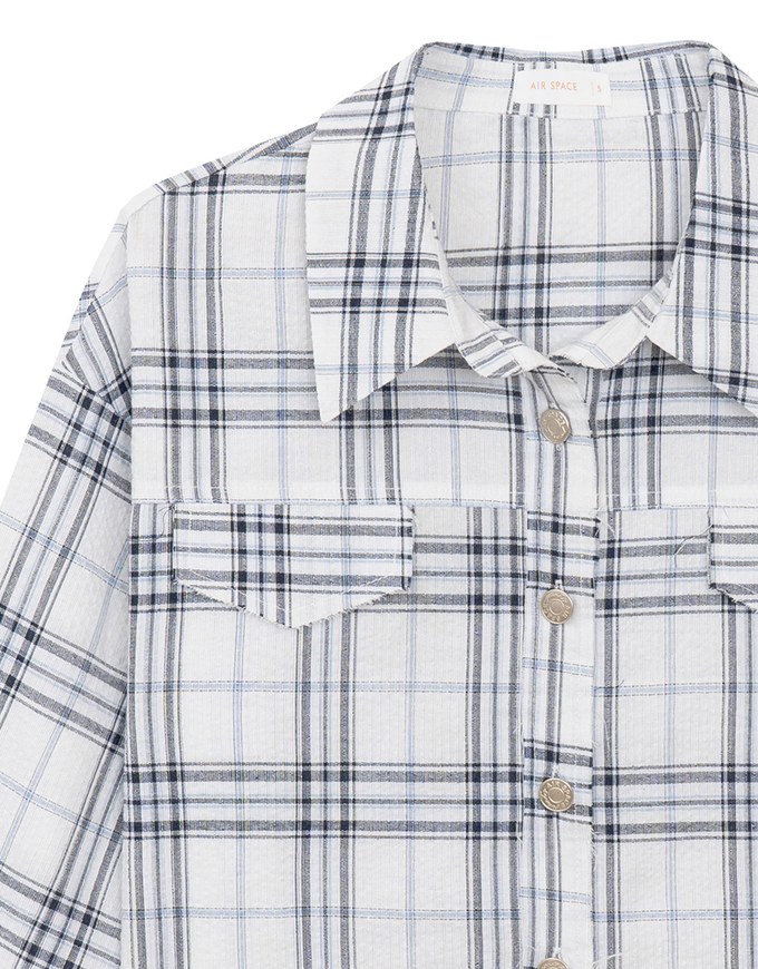 Plaid Raw Hem Long Sleeve Shirt Blouse with Metal Button