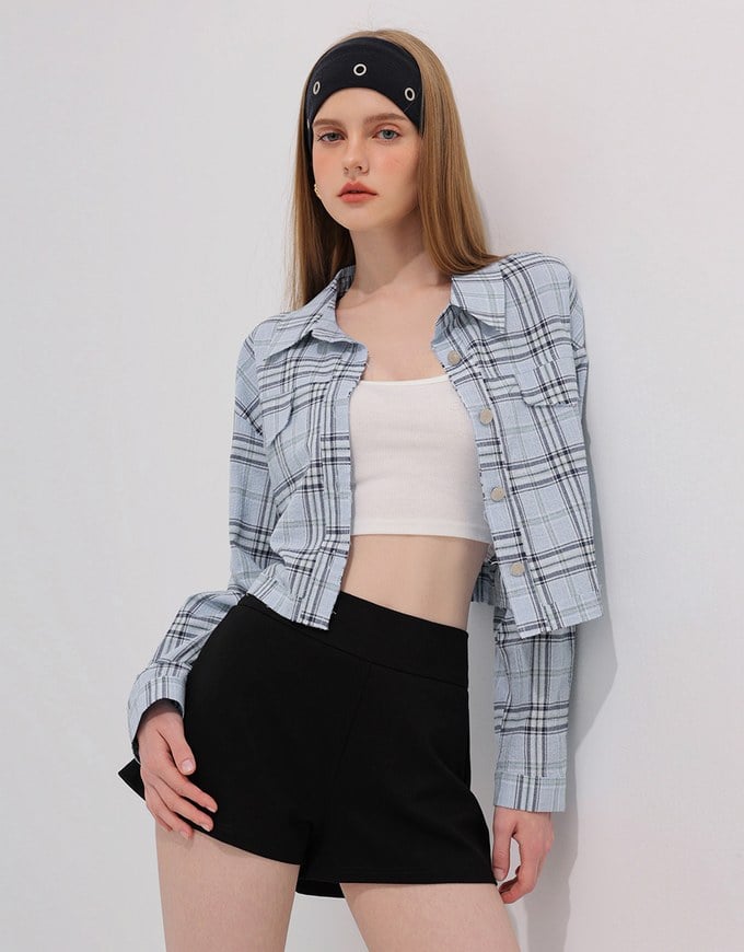 Plaid Raw Hem Long Sleeve Shirt Blouse with Metal Button