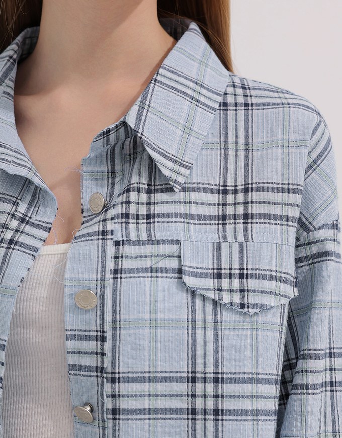Plaid Raw Hem Long Sleeve Shirt Blouse with Metal Button