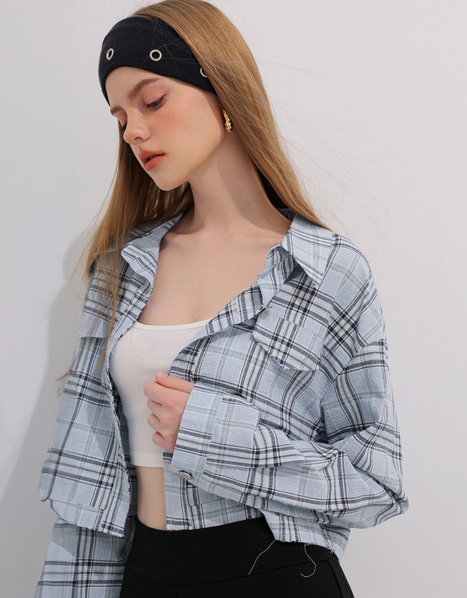 Plaid Raw Hem Long Sleeve Shirt Blouse with Metal Button