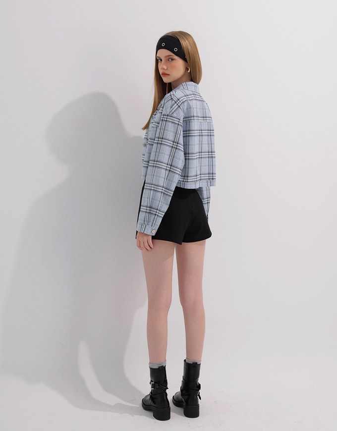 Plaid Raw Hem Long Sleeve Shirt Blouse with Metal Button