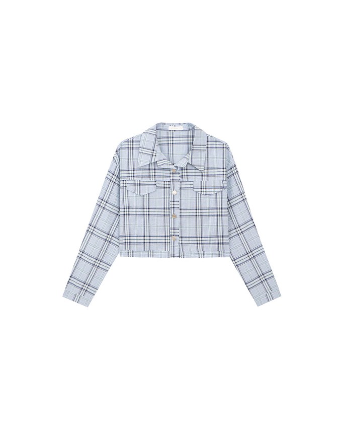 Plaid Raw Hem Long Sleeve Shirt Blouse with Metal Button
