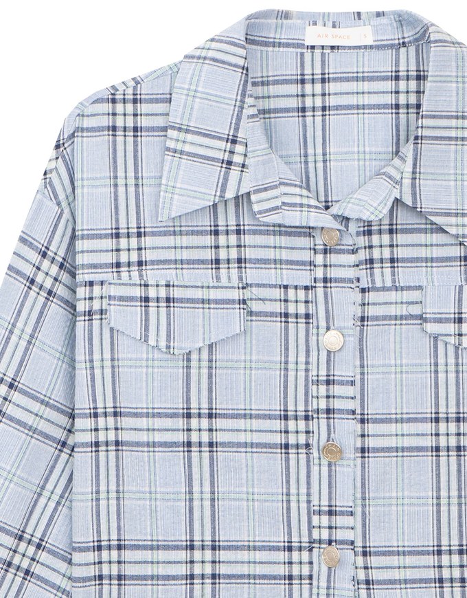 Plaid Raw Hem Long Sleeve Shirt Blouse with Metal Button