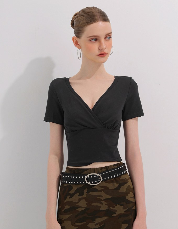 Cross Front Ruched V Neck Short Sleeve Fitted Top