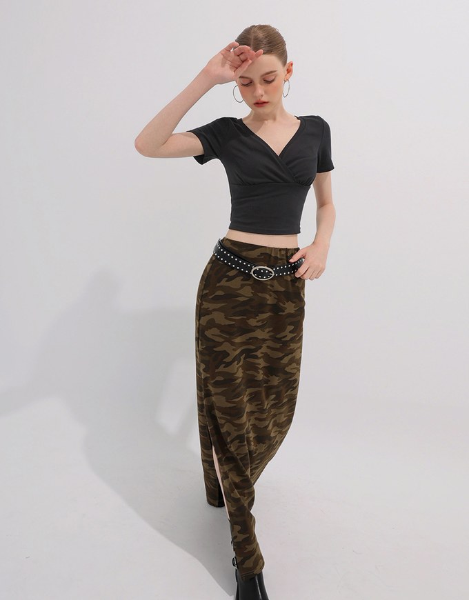 Cross Front Ruched V Neck Short Sleeve Fitted Top