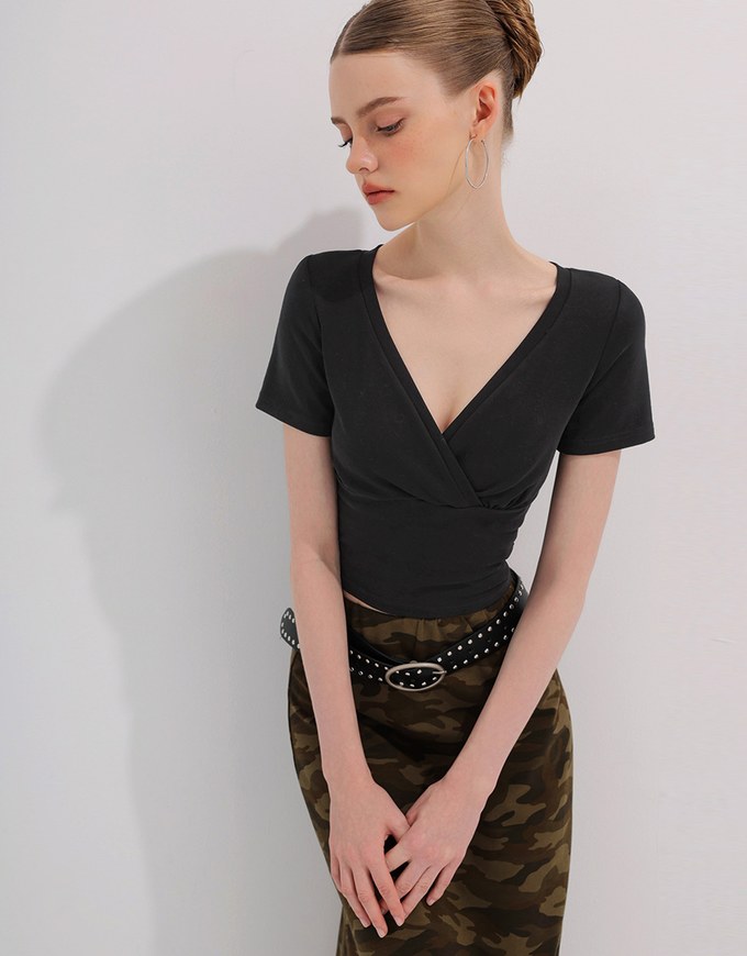 Cross Front Ruched V Neck Short Sleeve Fitted Top
