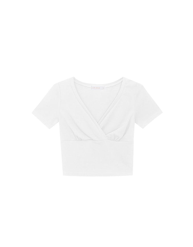 Cross Front Ruched V Neck Short Sleeve Fitted Top