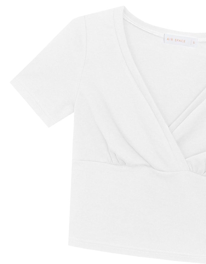 Cross Front Ruched V Neck Short Sleeve Fitted Top