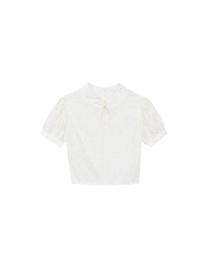 Qipao Top Textured Jacquard Puff Sleeve Keyhole Crop Cheongsam Qipao Top