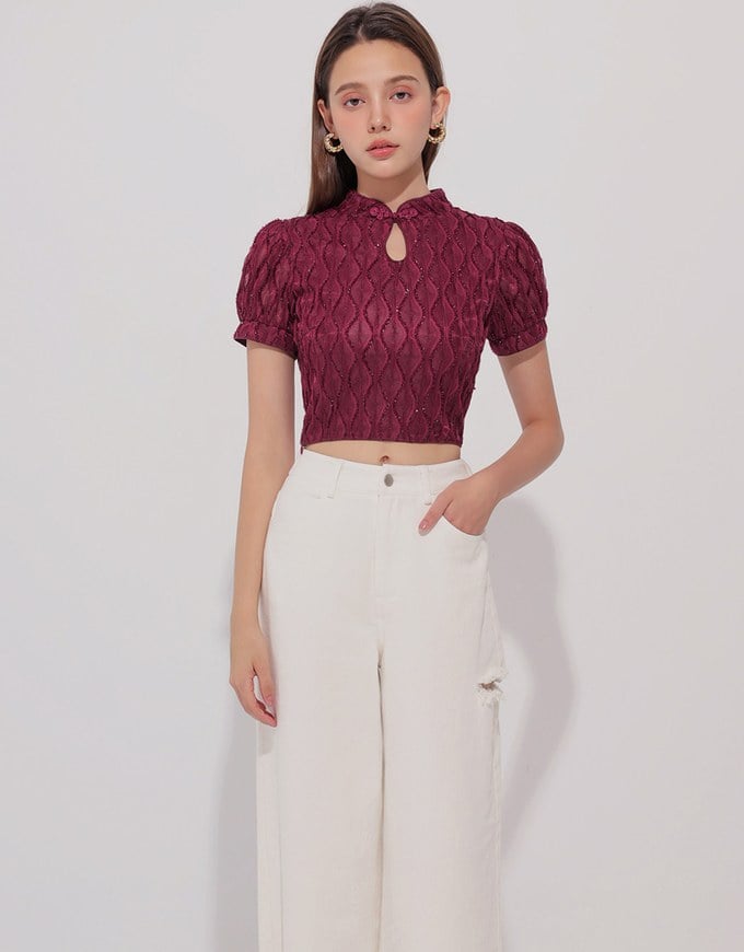 Qipao Top Textured Jacquard Puff Sleeve Keyhole Crop Cheongsam Qipao Top
