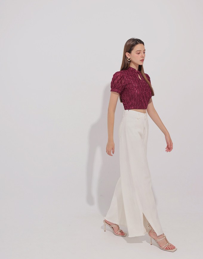 Qipao Top Textured Jacquard Puff Sleeve Keyhole Crop Cheongsam Qipao Top