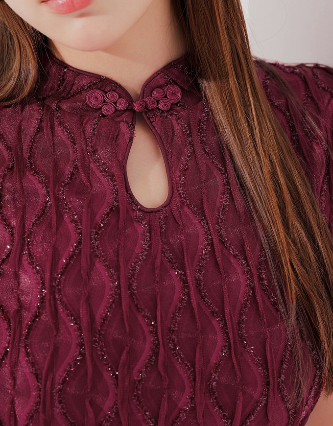Qipao Top Textured Jacquard Puff Sleeve Keyhole Crop Cheongsam Qipao Top