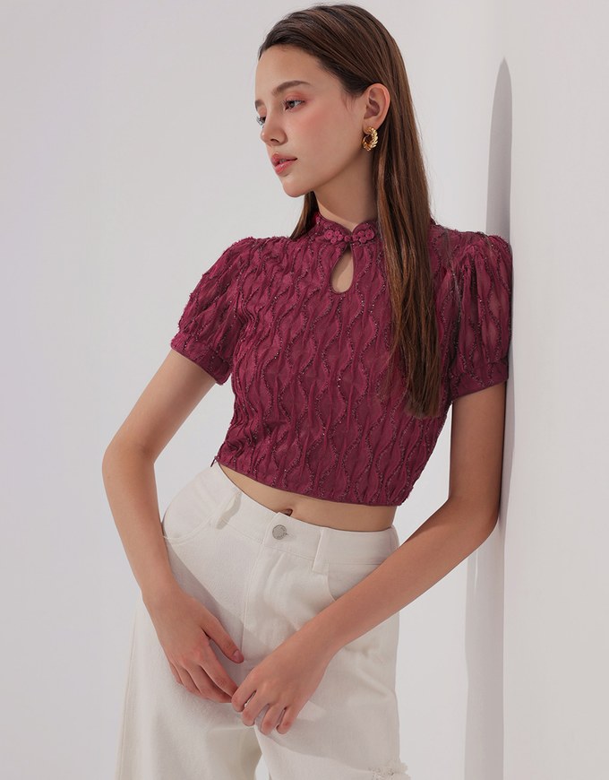 Qipao Top Textured Jacquard Puff Sleeve Keyhole Crop Cheongsam Qipao Top