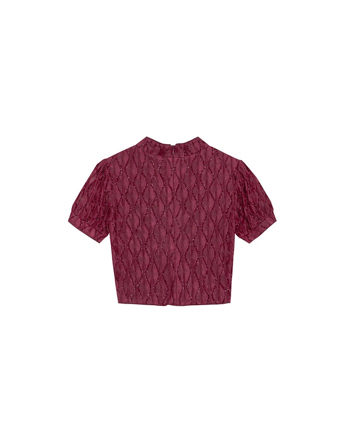 Qipao Top Textured Jacquard Puff Sleeve Keyhole Crop Cheongsam Qipao Top
